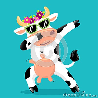 Cute dabbing cow in sunglass Vector Illustration